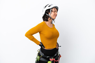 Young woman rock-climber woman isolated on white background suffering from backache for having made an effort
