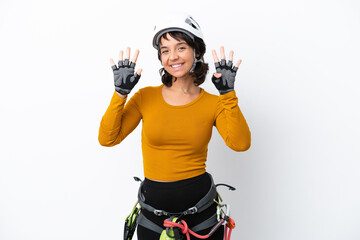 Young woman rock-climber woman isolated on white background counting nine with fingers