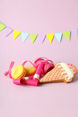 Birthday accessories on light violet background, space for text