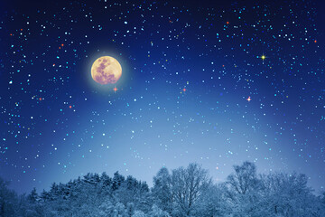 Christmas background with stars and big moon in winter forest.