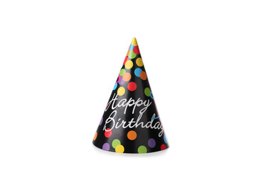 Happy Birthday party hat isolated on white background - obrazy, fototapety, plakaty