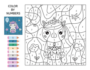 Educational color by numbers game. Cute unicorn with birthday cake, gift box, flowers and balloon. Cartoon kawaii character. Learn numbers and colors. Printable worksheet for preschoolers. © Kristina