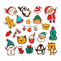 Set of Christmas design elements in doodle style. New Year collection of cute animals and seasonal elements. Vector illustration