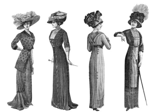 Woman in vintage elegant dress and hat. Fashion engraving Paris