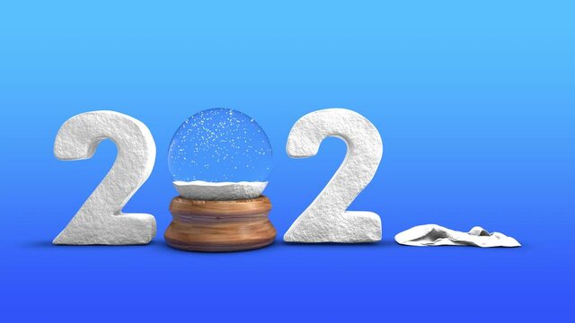 New Year 3d animation of a crystal snow globe and the date of the 2022 New year. Animation for New Year and Christmas compositions, festive and advertising banners and screensavers.
