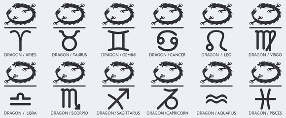 Vector Year of the dragon Animal icons eastern annual horoscope and zodiac signs in one symbol 2024 2036 2048 2060 years