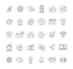 Social media set icons. Black and white with lines. Isolated on white background. Can be used for mobile concepts and web applications, brochures, social networks. Flat style vector illustration.