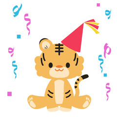 座りポーズのトラ　パーティーの帽子