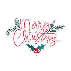 Merry Christmas red hand lettering with amela and spruce branches for winter holiday design. Vector illustration isolated on white background.