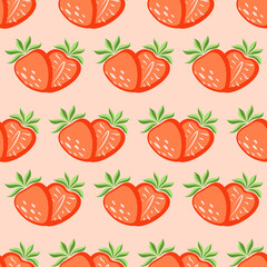 Vector seamless pattern, painted strawberries on a delicate pink background. Juicy pattern for printing on paper, postcards, kitchen textiles