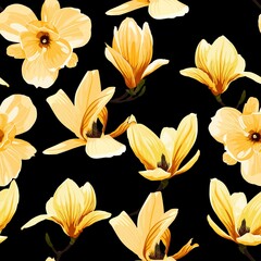 Seamless floral pattern with yellow tropical magnolia flowers branch on black background. Template design for textiles, interior, clothes, wallpaper. Botanical art. Engraving style. © Виктор Фесюк