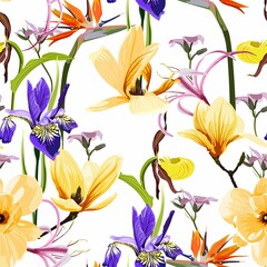 Seamless pattern with yellow tropical magnolia, irys, strelitzia flowers with leaves on white background. Template design for textiles, interior, clothes, wallpaper. Botanical art. Engraving style. - obrazy, fototapety, plakaty