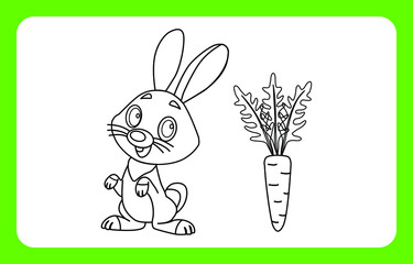 Developing coloring book for children. Vector illustration of a cute rabbit with carrots.