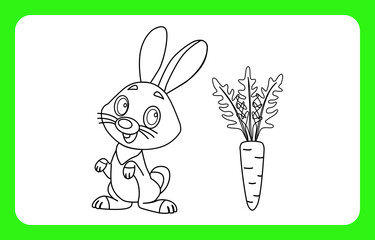 Developing coloring book for children. Vector illustration of a cute rabbit with carrots.