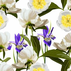 Seamless floral pattern, white peony and violet irys flowers on a white background. Design for wallpaper, fabric, wrapping paper, cover and more.  - obrazy, fototapety, plakaty