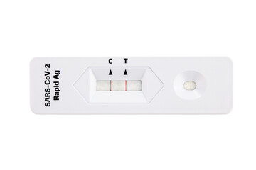 Positive covid test. Test results for Covid-19. rapid test on a white background. SARS-CoV-2 Ag Rapid Antibody Test Kit. Nasopharyngeal swab. Close-up.
