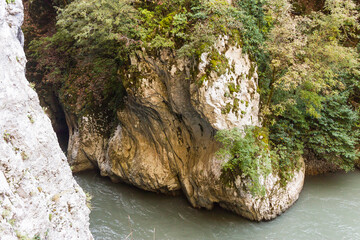 Russia, Krasnodar Territory. Sochi. A rocky section of the Old Krasnopolyansky highway. Mountain...