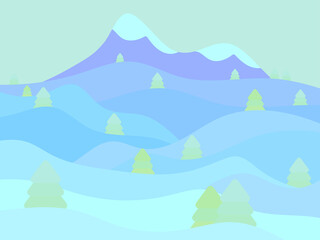 Winter landscape in the style of minimalism. Snow-covered hills and mountains with fir trees. Snowy wavy landscape. Design for prints and posters, promotional items. Vector illustration