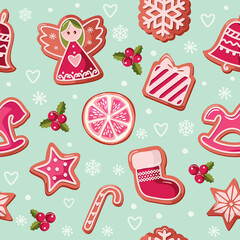Christmas seamless background. Gingerbread cookies. Traditional festive pattern for wrapping paper, banners, pajamas. Vector