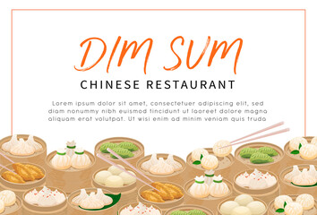 Dim Sum steamed dumplings restaurant flyer template, menu cover, banner, poster. Banner illustration with traditional Chinese steamed dumplings in bamboo baskets with space for text and title