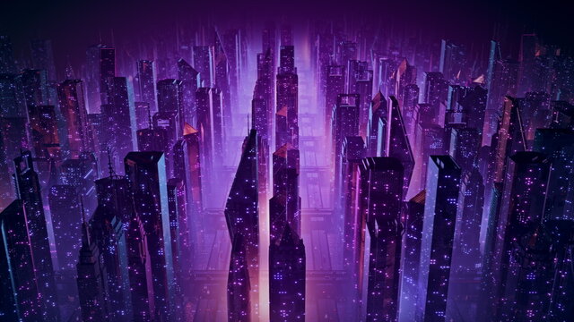 Futuristic night city flythrough. 80s retrowave 3D illustration of a retro cityscape with low poly skyscrapers and glowing neon lights. Mesmerizing cyberpunk and sci-fi vj background. 4k