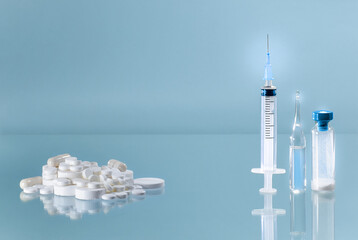 Medicines in pill tablets or injection with a syringe to ready-made solutions or freeze-on. Choice...