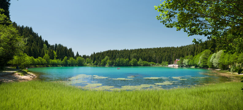 Summer day view of Savsat Black Lake (  Karagol ) . Great lake and nature view. The touristic nature area of the Black Sea. Turkey travel. Savsat, Artvin, Turkey 