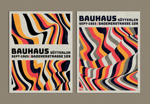 Bauhaus Poster Design Layout with Distorted Lines Pattern Background