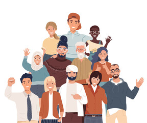 Obraz premium Join our team. Teamwork, cooperation, friendship concept. Multicultural team. Unity in diversity. People of different nationalities and religions cartoon characters. 