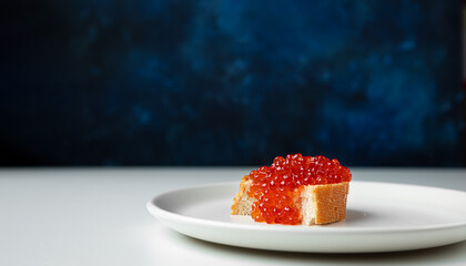 A sandwich with red caviar on a plate on a white table