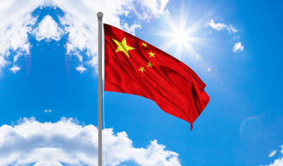 Flag of China waving in the wind, sky and sun background. Chinese Flag 3d rendering.
