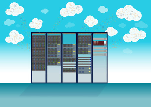 simple, basic graphics depicting server racks, servers, server room and the escape, migration of data from the server room to the cloud