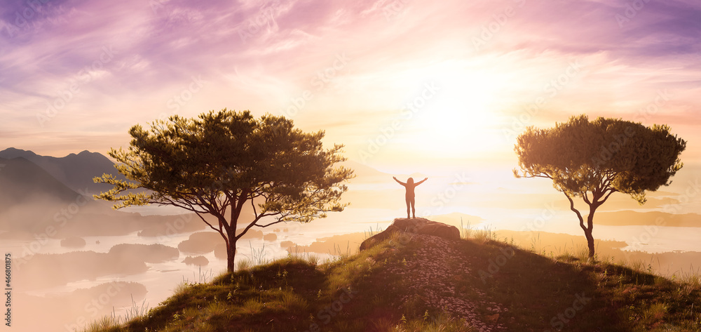 Wall mural Magical fantasy scene with woman on top of rock and rocky mountain landscape overlooking the ocean coast. 3d Rendering. Dramatic Sunset Cloudy Sky. Adventure Concept