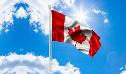Canada flag waving in beautiful sky. Flag of Canada waving in the wind, sky and sun background. Canada Flag. UHD. 
