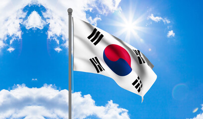 Korea flag waving against a night sky with white clouds. Korean Flag. 3D Rendering.