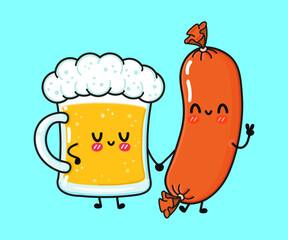 Cute, funny happy glass of beer and sausage. Vector hand drawn cartoon kawaii characters, illustration icon. Funny cartoon glass of beer and sausage mascot character concept