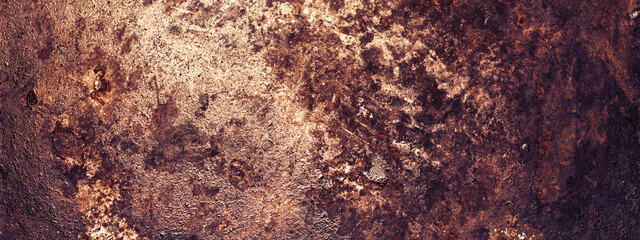 Rusty and oxidized metal texture. Old worn out iron panel. Background, horizontal banner.