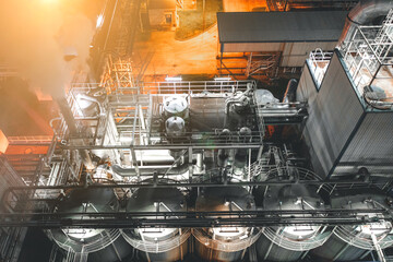 Bird's eye storage tank at night, chemical oil storage tank farm, petroleum products, oil terminal refinery