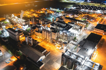 oil refinery at night. Heavy industry. Aerial photography