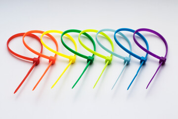 Plastic colored cable ties, rainbow colors, selective focus