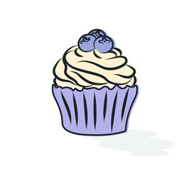 Vector illustration. Colored cake with cream and blueberries. Clear contour lines. Decoration for postcards, holiday posters. Appetizing cupcake.