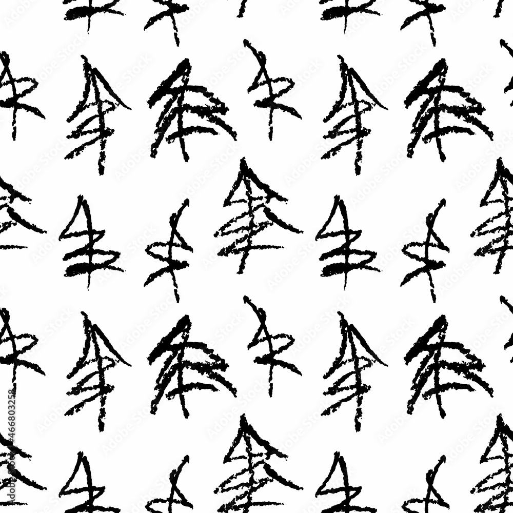 Poster minimalistic seamless pattern with hand drawn trees. stylish modern pattern with doodled fir trees. 