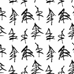 Minimalistic seamless pattern with hand drawn trees. Stylish modern pattern with doodled fir trees. Outlined sketchy background.