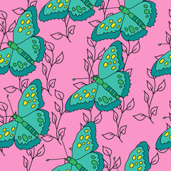 Seamless pattern of bright blue butterflies and gentle contour doodle twigs on a pink background