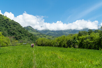 Tamesis, Antioquia, Colombia. June 19, 2020: Horseback riding in the field with beautiful blue sky.