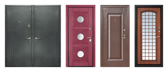 Set of models of entrance metal doors isolated on white background