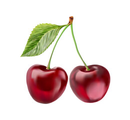 Realistic cherry with fresh leaves, red juicy on a white background for design.