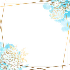 Gold square frame with lacy branches, rose and peony flowers. For social networks. White background, spots of blue watercolor. Vector illustration.