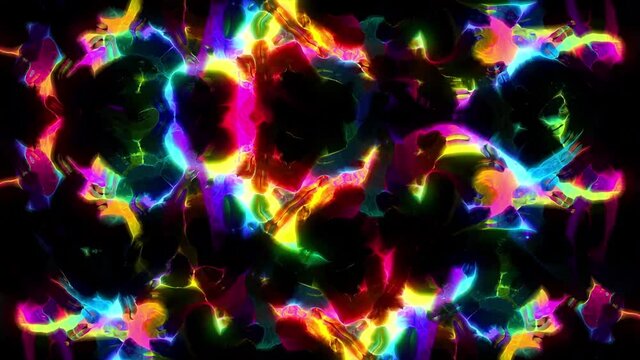 Abstract kaleidoscopic pattern with changing colorful stains, seamless loop. Design. Rainbow colors twisting on black background.