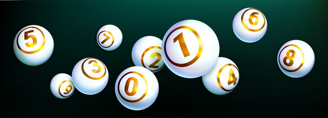 Realistic bingo lotto game ball of winning combination. Lottery or keno gambling games. White shiny balls with golden text of numbers isolated on dark background. Gaming leisure activity concept.